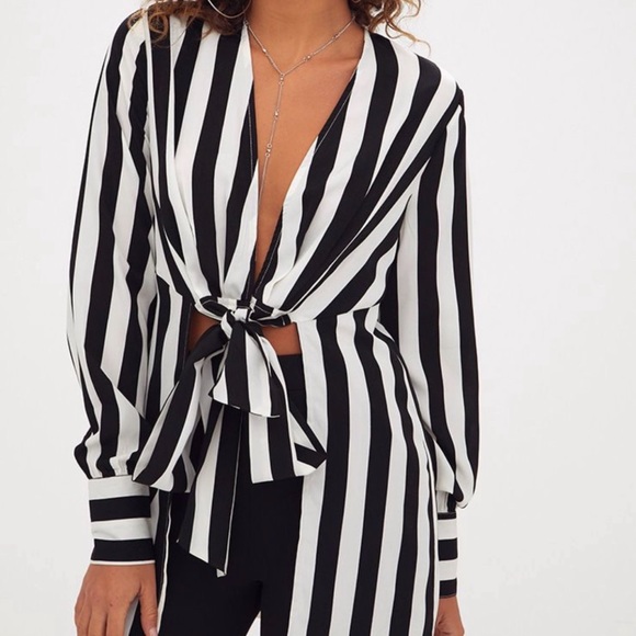 PrettyLittleThing Tops - Black and White Stripped Tie Front Blouse